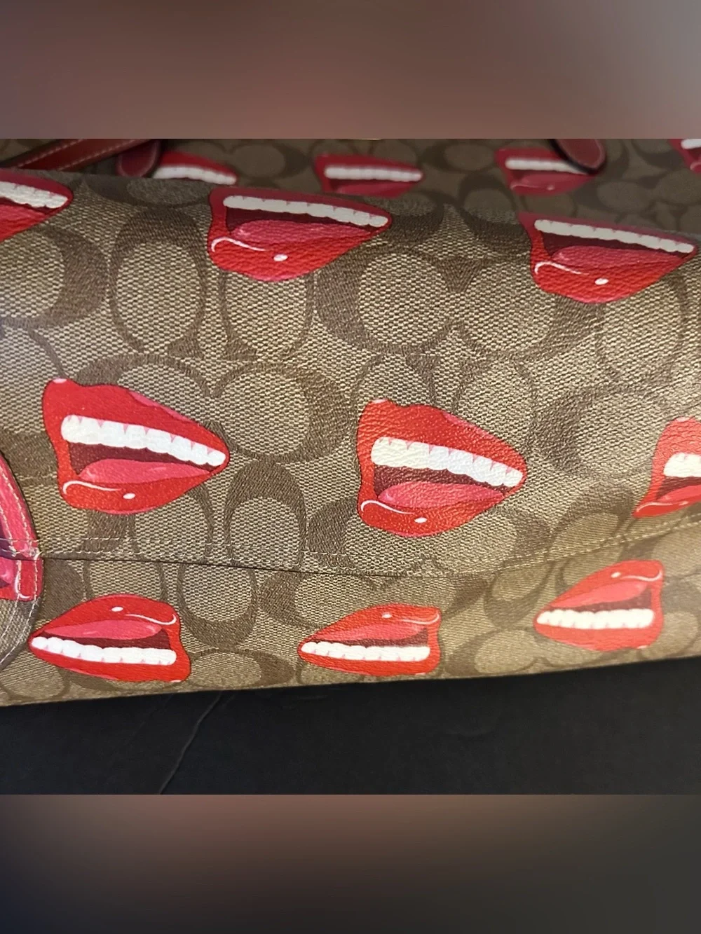 Coach X Tom Wesselmann Collab Brown Signature Tote with Red Lips Motif